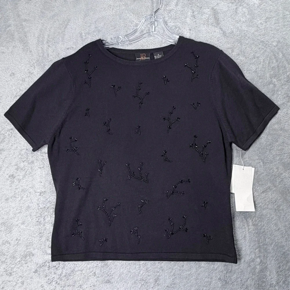 Jenny Buchanan Beaded Sweater Size Medium Black Whimsigoth Short Sleeve Knit Top